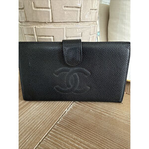 Chanel Black Caviar Leather Long Wallet Made in France Authenticity card VTG